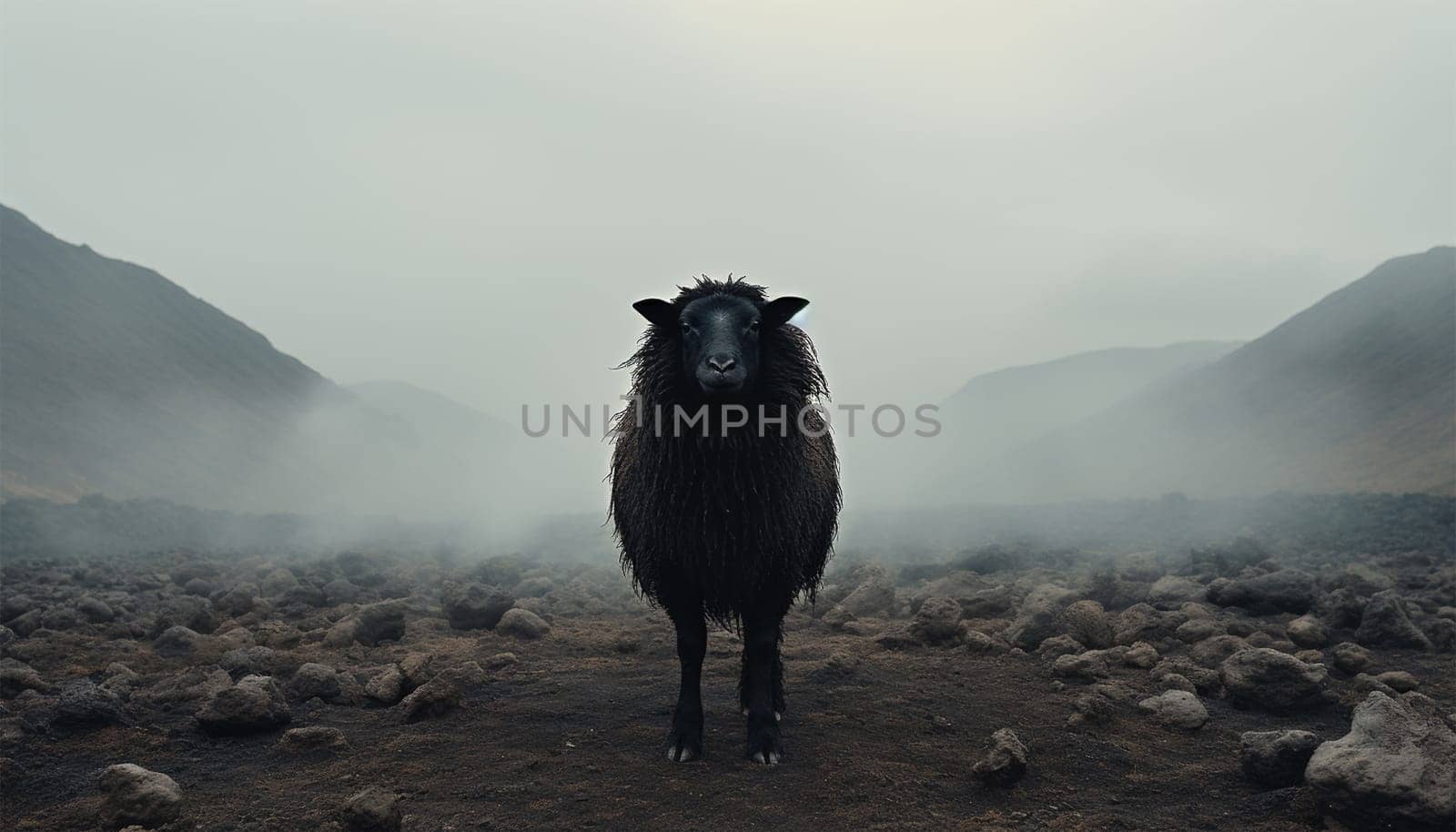 Lonely black sheep. Standing out of the crowd. Dare to be different concept. A black sheep among the herd of white sheep. Black sheep of the family concept design close up concept for being left out