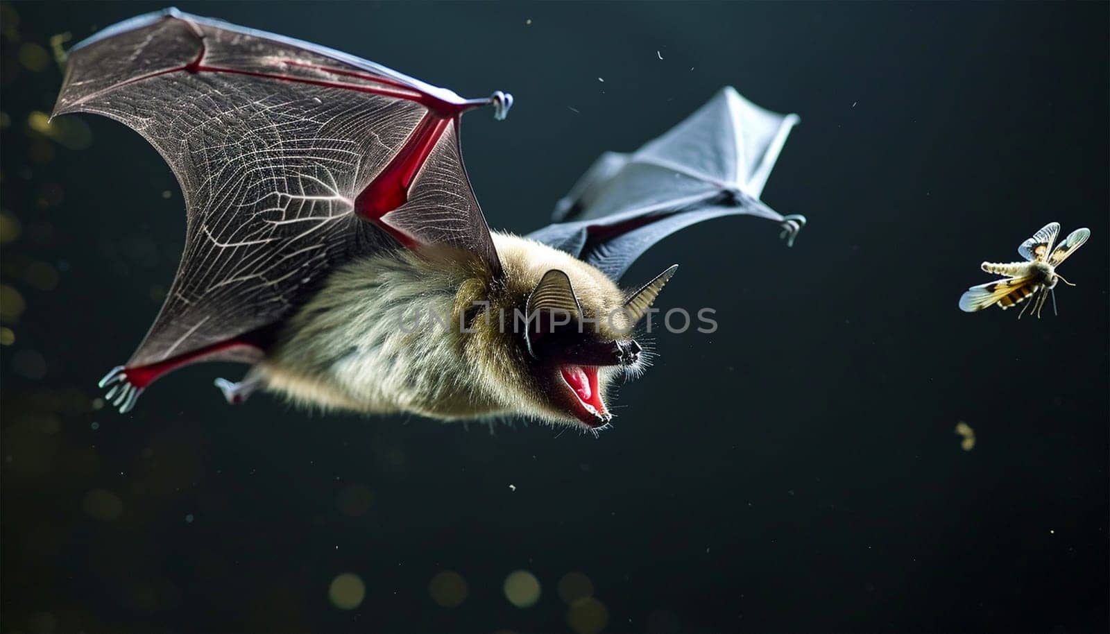 Bat hunts for fly. Flying bat hunting in forest. The grey long-eared bat (Plecotus austriacus) is a fairly large European bat. It has distinctive ears, long and with a distinctive fold. It hunts above woodland. nature wildlife