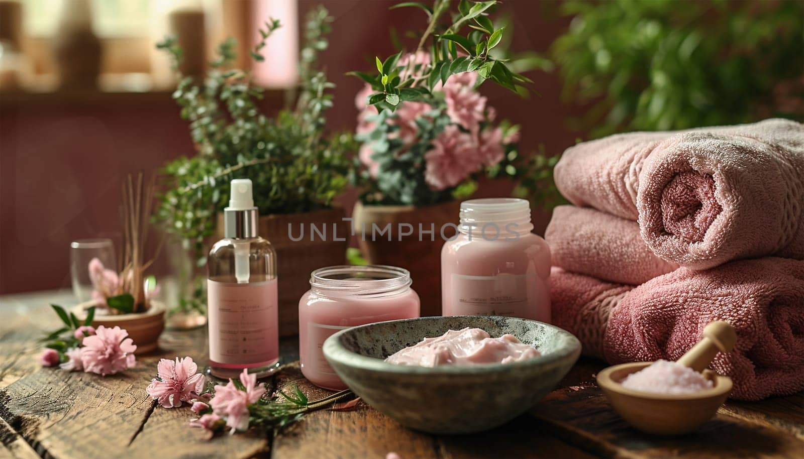 Spa beauty products on colorful table. Coconut oil, luxury cream, serum, perfume, candles green leaves. Body care cosmetic products organic skincare beauty