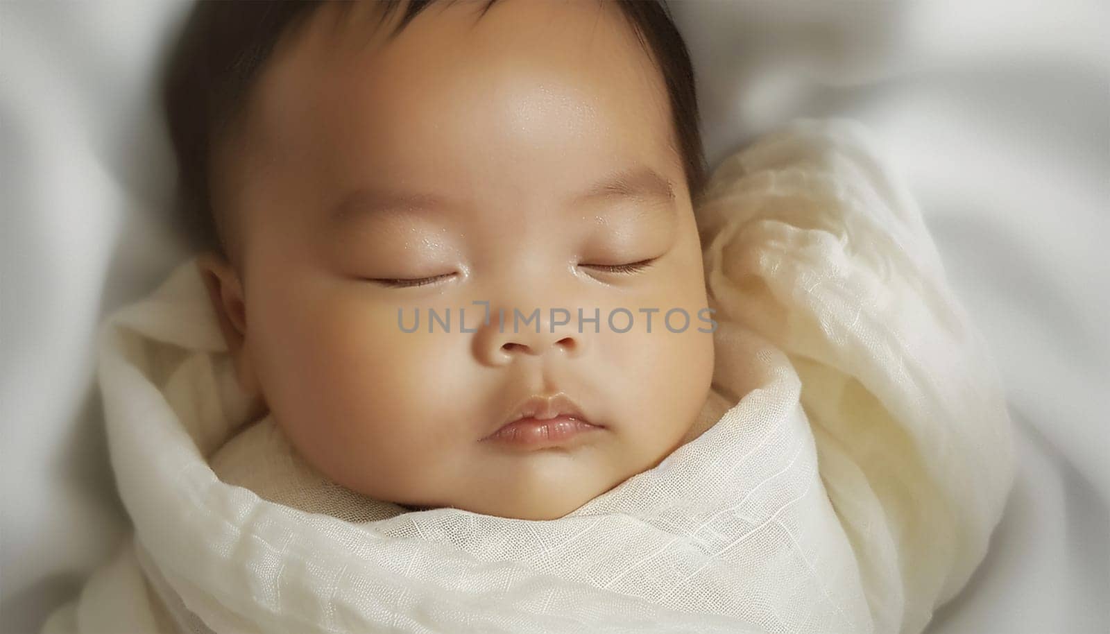 Newborn Asian baby sleeping. Top view happy newborn baby lying sleeps on a white blanket comfortable and safety at warmth place. Cute Asian newborn sleeping and napping on bed. Newborn Baby Care concept Chinese portrait close up