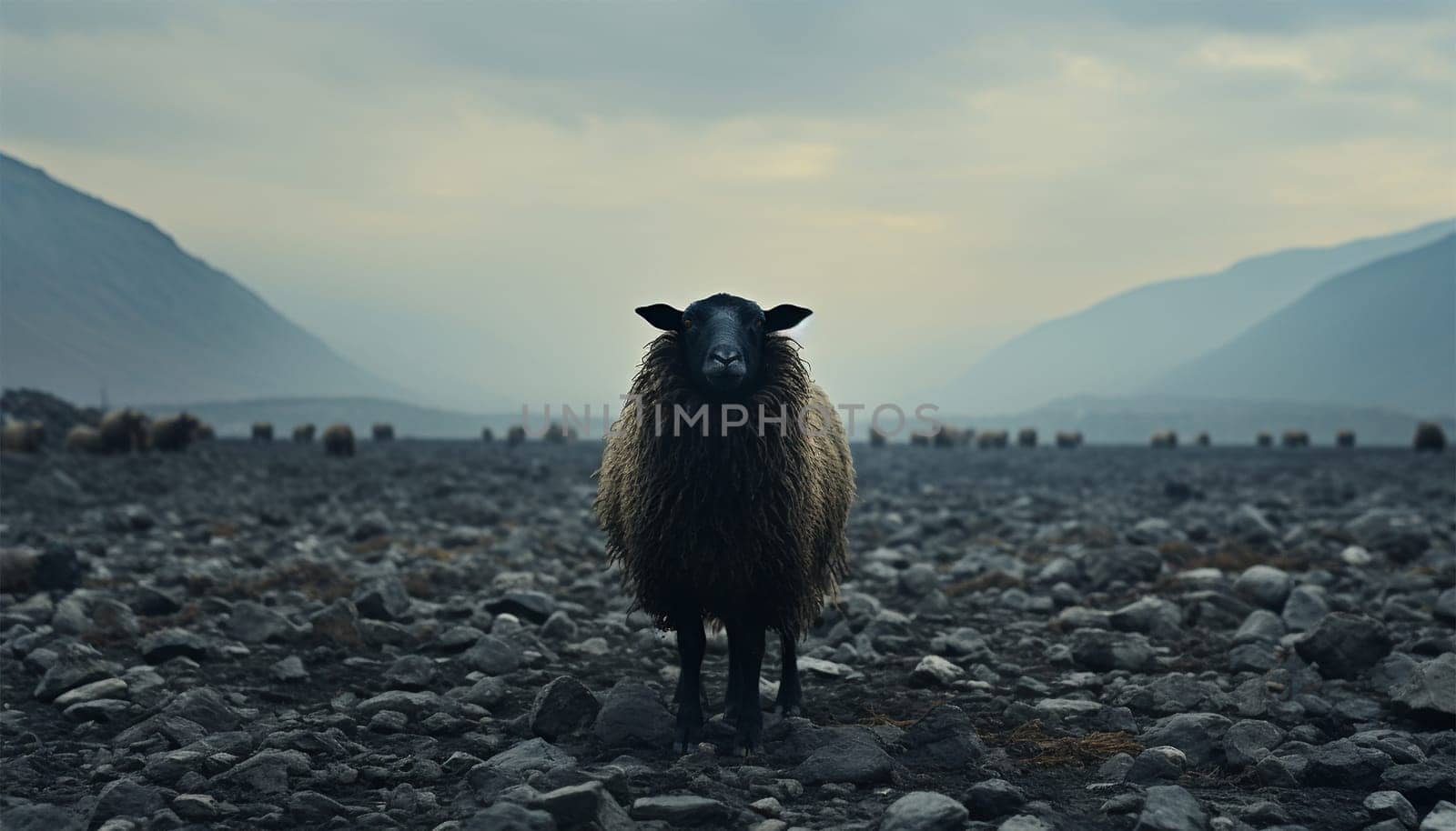 Lonely black sheep. Standing out of the crowd. Dare to be different concept. A black sheep among the herd of white sheep. Black sheep of the family concept design close up concept for being left out