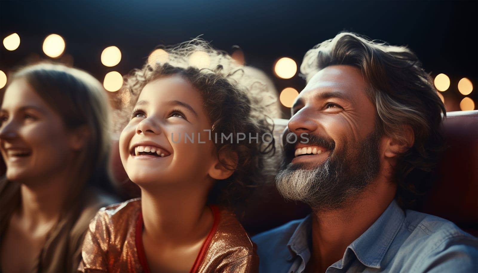 African American family in movie theater. A happy multi-ethnic family is in the movie theater watching a movie on and enjoying drinks and popcorn and having fun. Love,happy and Laughing colorful