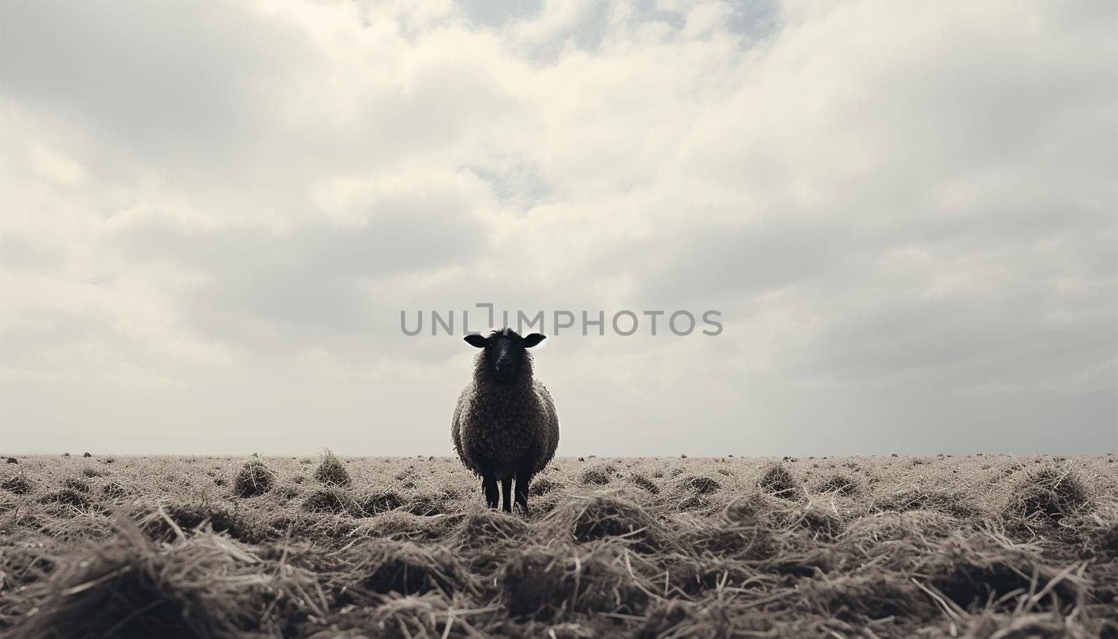 Lonely black sheep. Standing out of the crowd. Dare to be different concept. A black sheep among the herd of white sheep. Black sheep of the family concept design close up concept for being left out