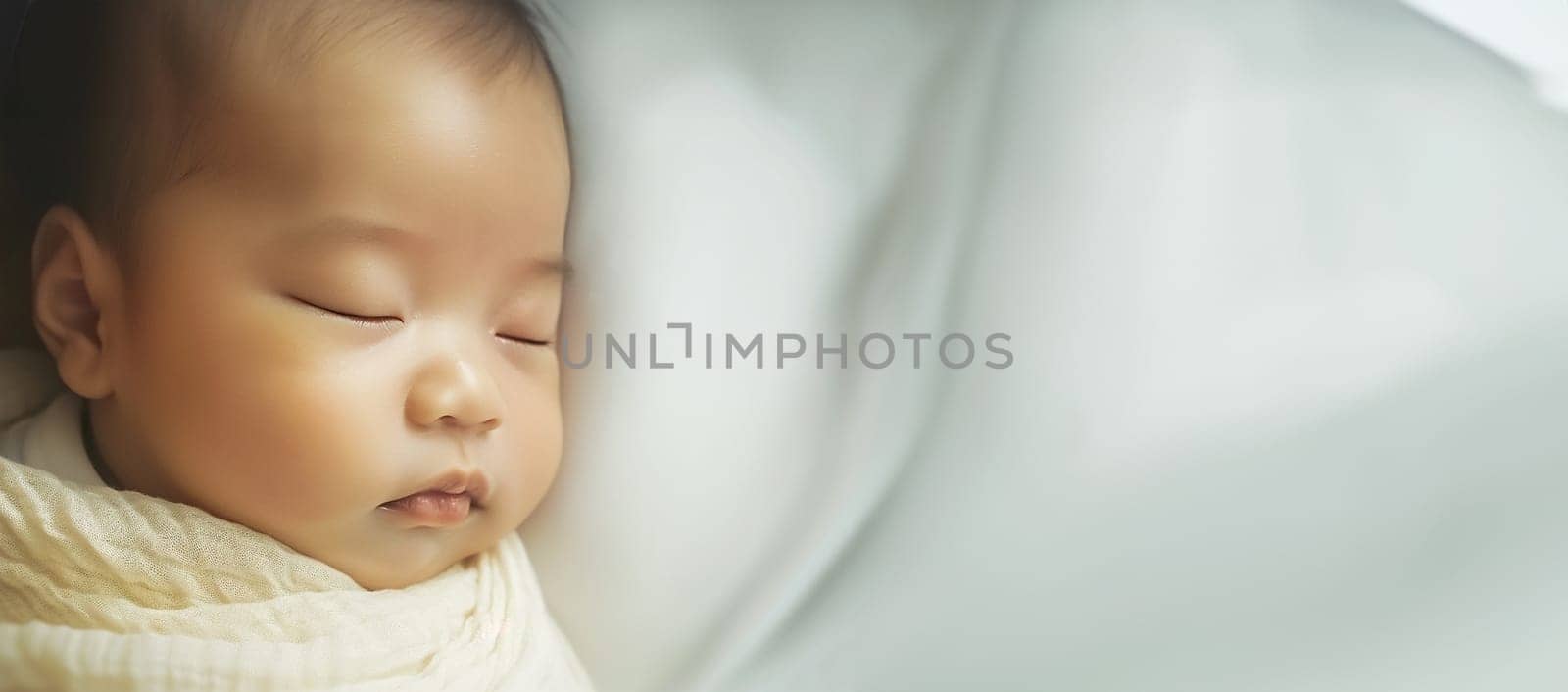 Newborn Asian baby sleeping. Top view happy newborn baby lying sleeps on a white blanket comfortable and safety at warmth place. Cute Asian newborn sleeping and napping on bed. Newborn Baby Care concept Chinese portrait close up