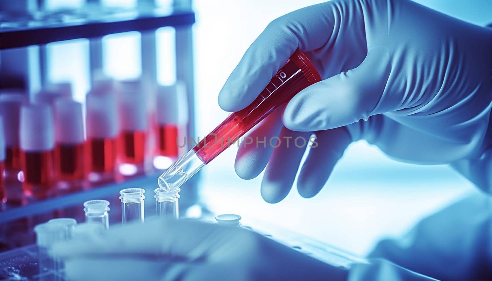 Medical test tubes. Tubes with blood in lab. Lab assistant, a medical scientist, a chemistry researcher a glass tube through the blood sample, does a chemical experiment and examines a patient's blood sample. Medicine and research concept. Copy space Space for text