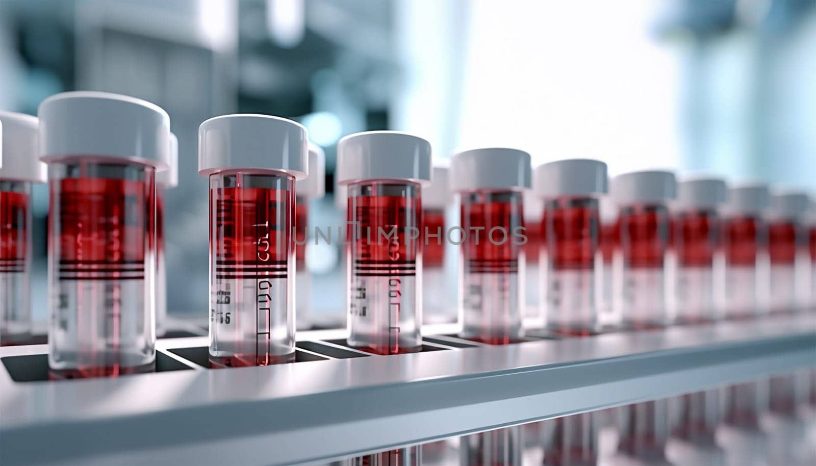 Medical test tubes. Tubes with blood in lab. Lab assistant, a medical scientist, a chemistry researcher a glass tube through the blood sample, does a chemical experiment and examines a patient's blood sample. Medicine and research concept. Copy space Space for text