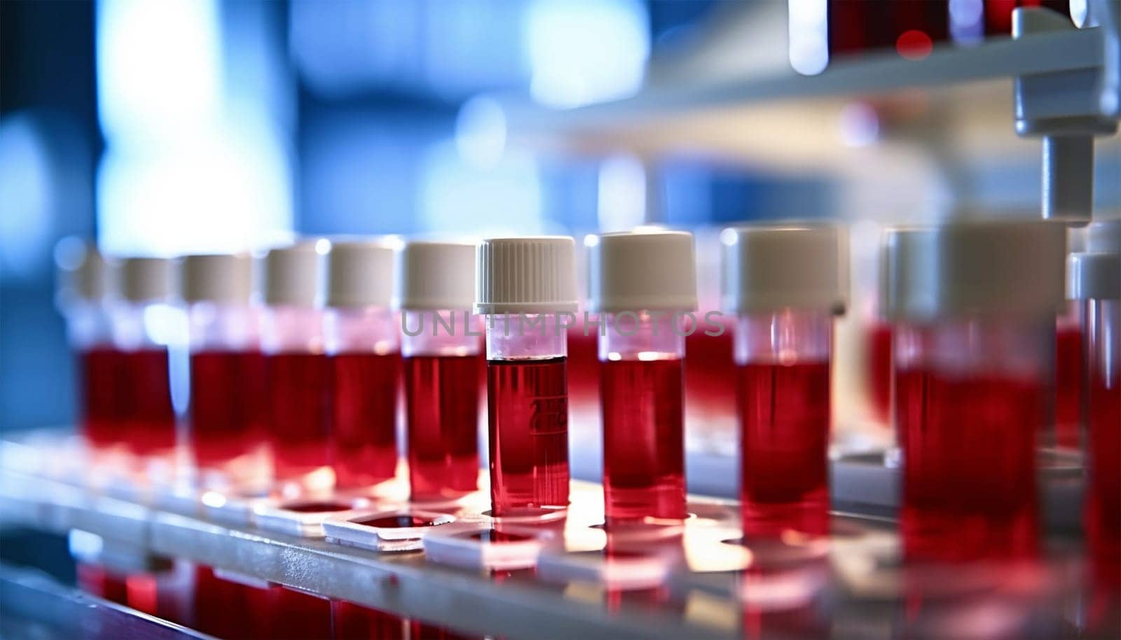 Medical test tubes. Tubes with blood in lab. Lab assistant, a medical scientist, a chemistry researcher a glass tube through the blood sample, does a chemical experiment and examines a patient's blood sample. Medicine and research concept. Copy space Space for text