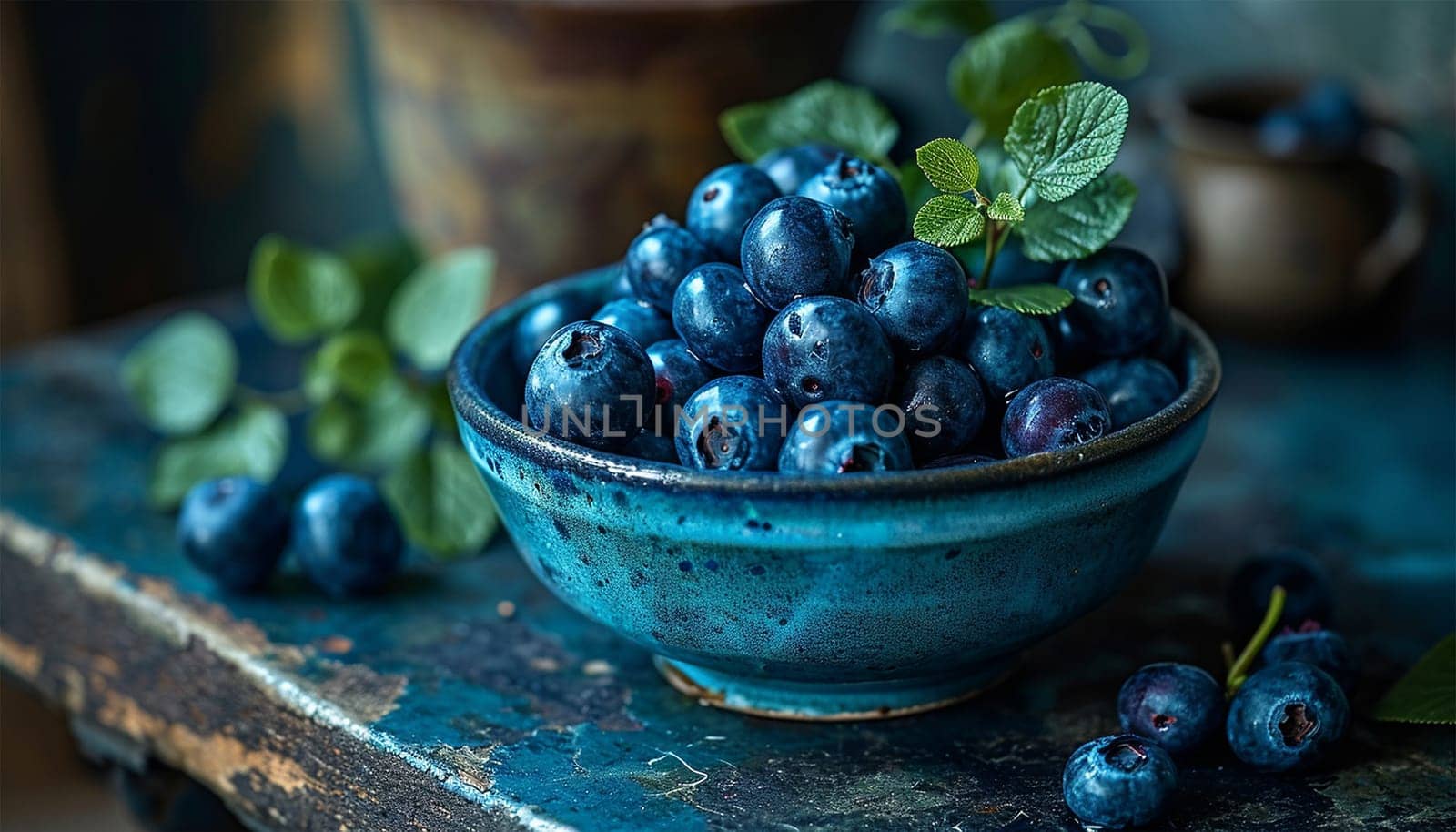 Freshly picked blueberries in blue bowl. Juicy and fresh blueberries with green leaves on rustic table. Bilberry on wooden Background. Blueberry antioxidant. Concept for healthy eating and nutrition Copy space