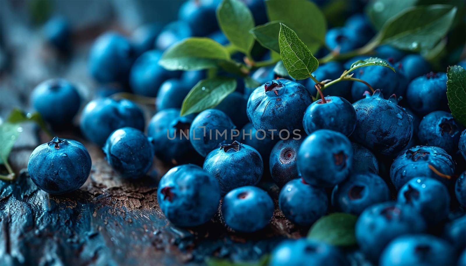Freshly picked blueberries in blue bowl. Juicy and fresh blueberries with green leaves on rustic table. Bilberry on wooden Background. Blueberry antioxidant. Concept for healthy eating and nutrition Copy space