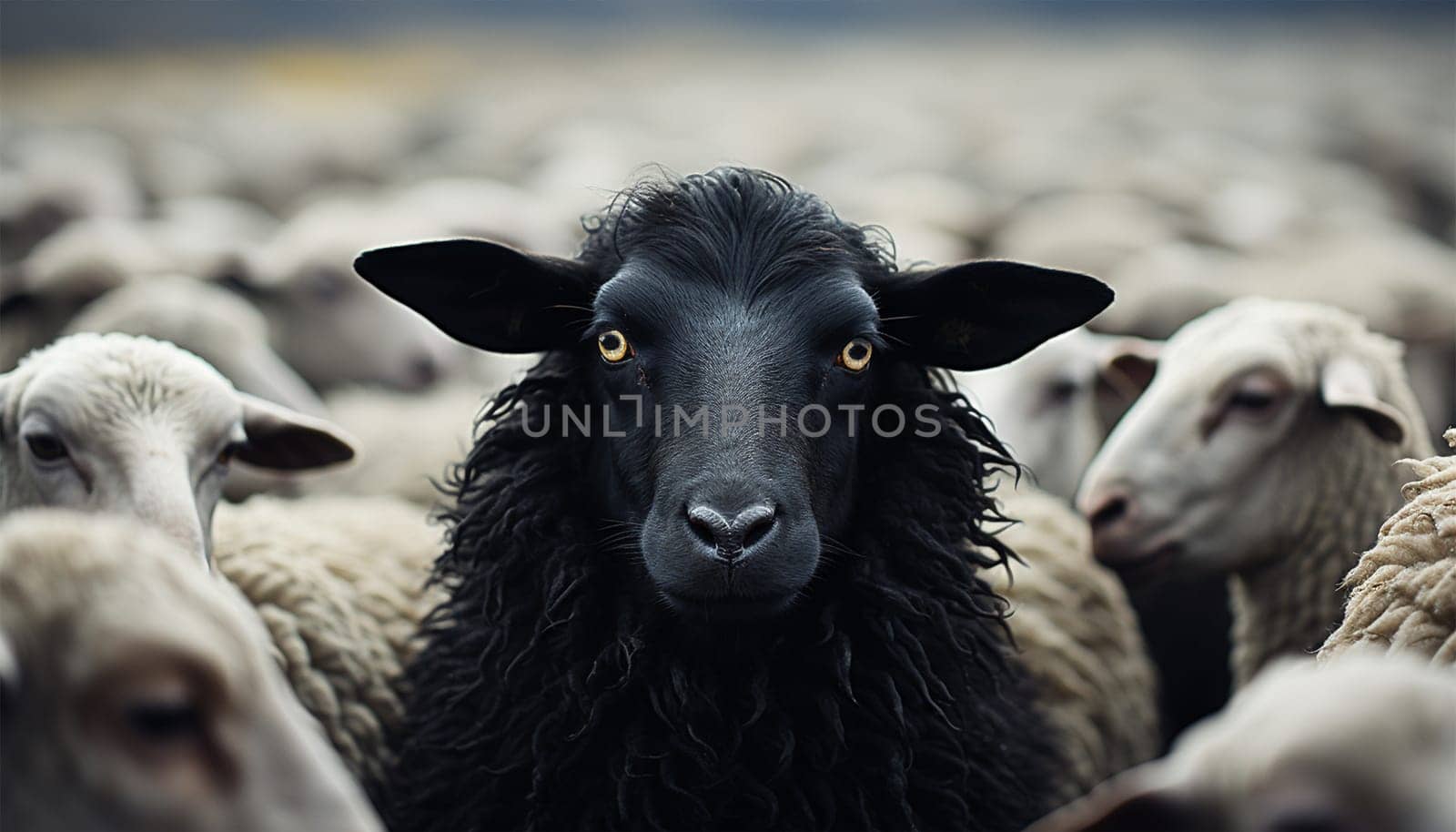 Lonely black sheep. Standing out of the crowd. Dare to be different concept. A black sheep among the herd of white sheep. Black sheep of the family concept design close up concept for being left out