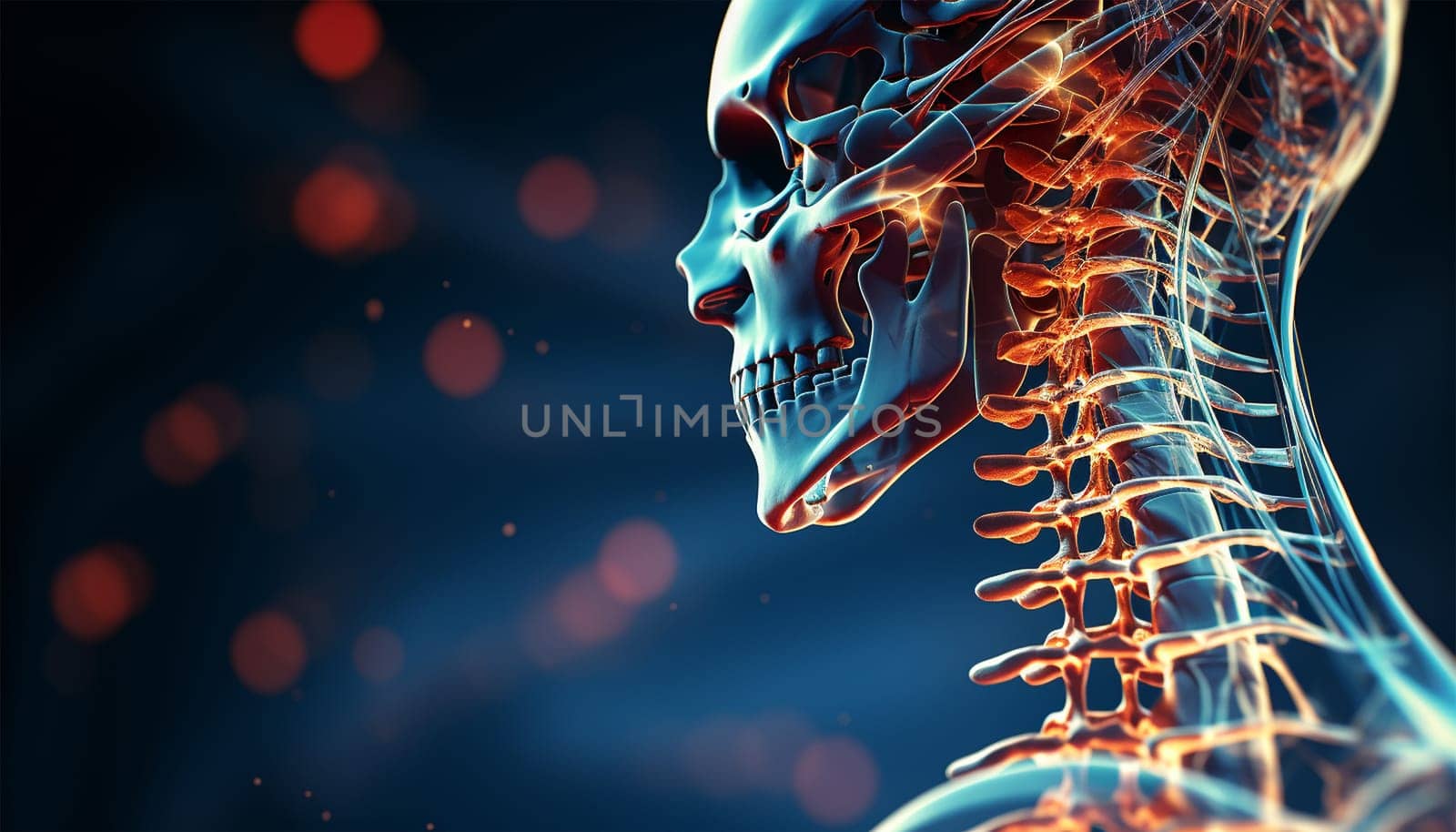 Human spine. Plain X ray of cervical spine revealed straightened cervical curve, spondylosis osteophytic lipping of C3, C4, C5 vertebral end plates, narrow disc spaces, ligamentous calcification opposing C4, C5 colorful