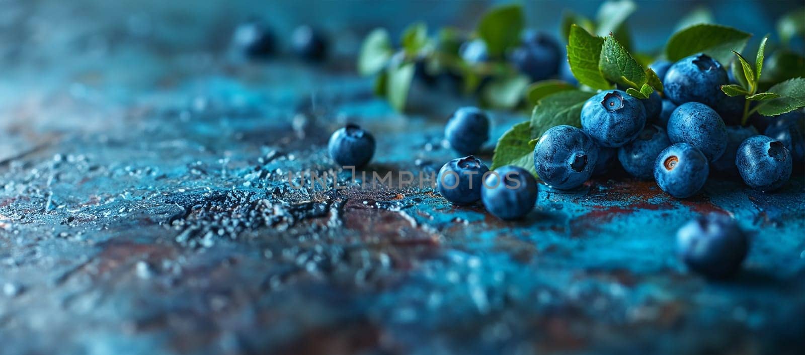 Freshly picked blueberries in blue bowl. Juicy and fresh blueberries with green leaves on rustic table. Bilberry on wooden Background. Blueberry antioxidant. Concept for healthy eating and nutrition Copy space