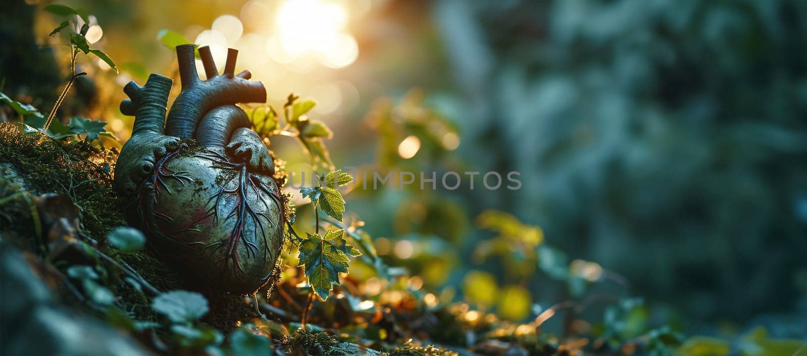 A heart covered with grass and green leaves untouched nature a concept illustrating the issues of nature conservation, bio-products and the protection of forests and woodlands in general. 3d rendering. Copy space Beautiful nature forest life lights copy space