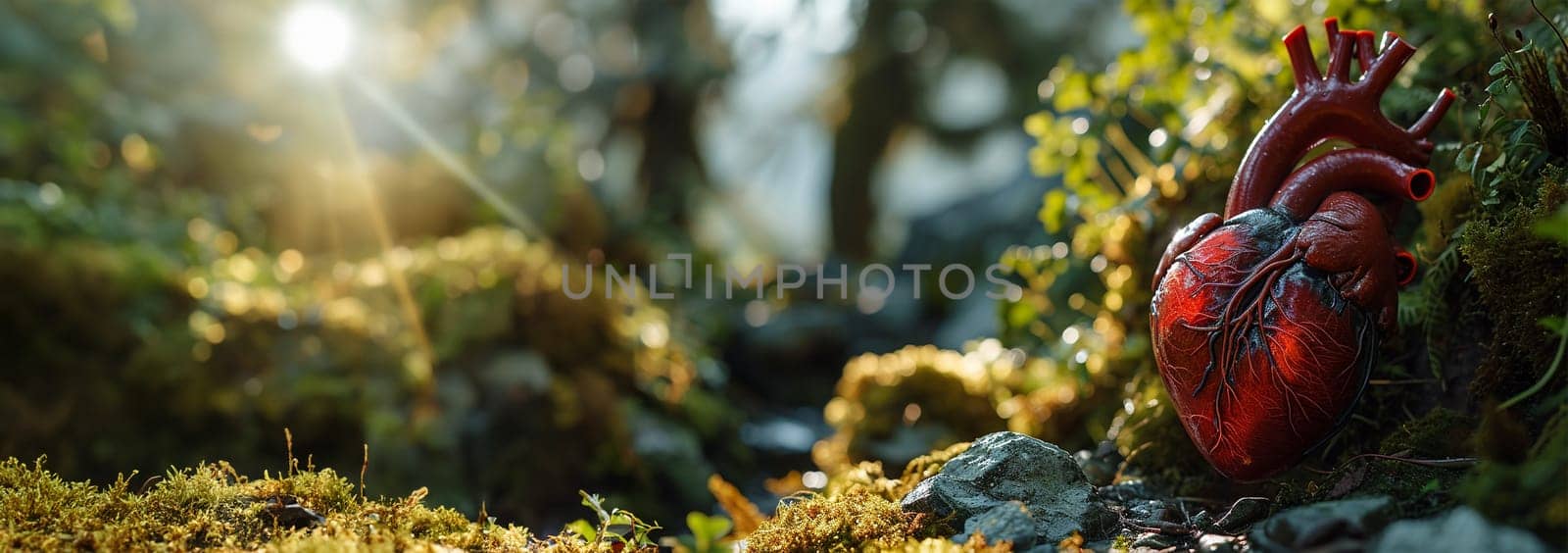 A heart untouched nature a concept illustrating the issues of nature conservation, bio-products and the protection of forests and woodlands in general. 3d rendering. Copy space Beautiful nature forest life lights