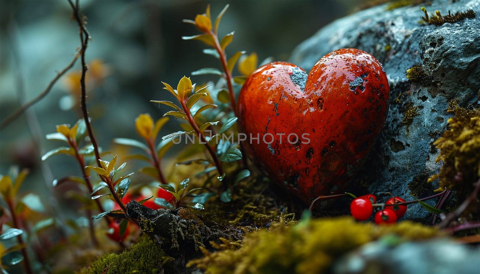 A heart untouched nature a concept illustrating the issues of nature conservation, bio-products and the protection of forests and woodlands in general. 3d rendering. Copy space Beautiful nature forest life lights