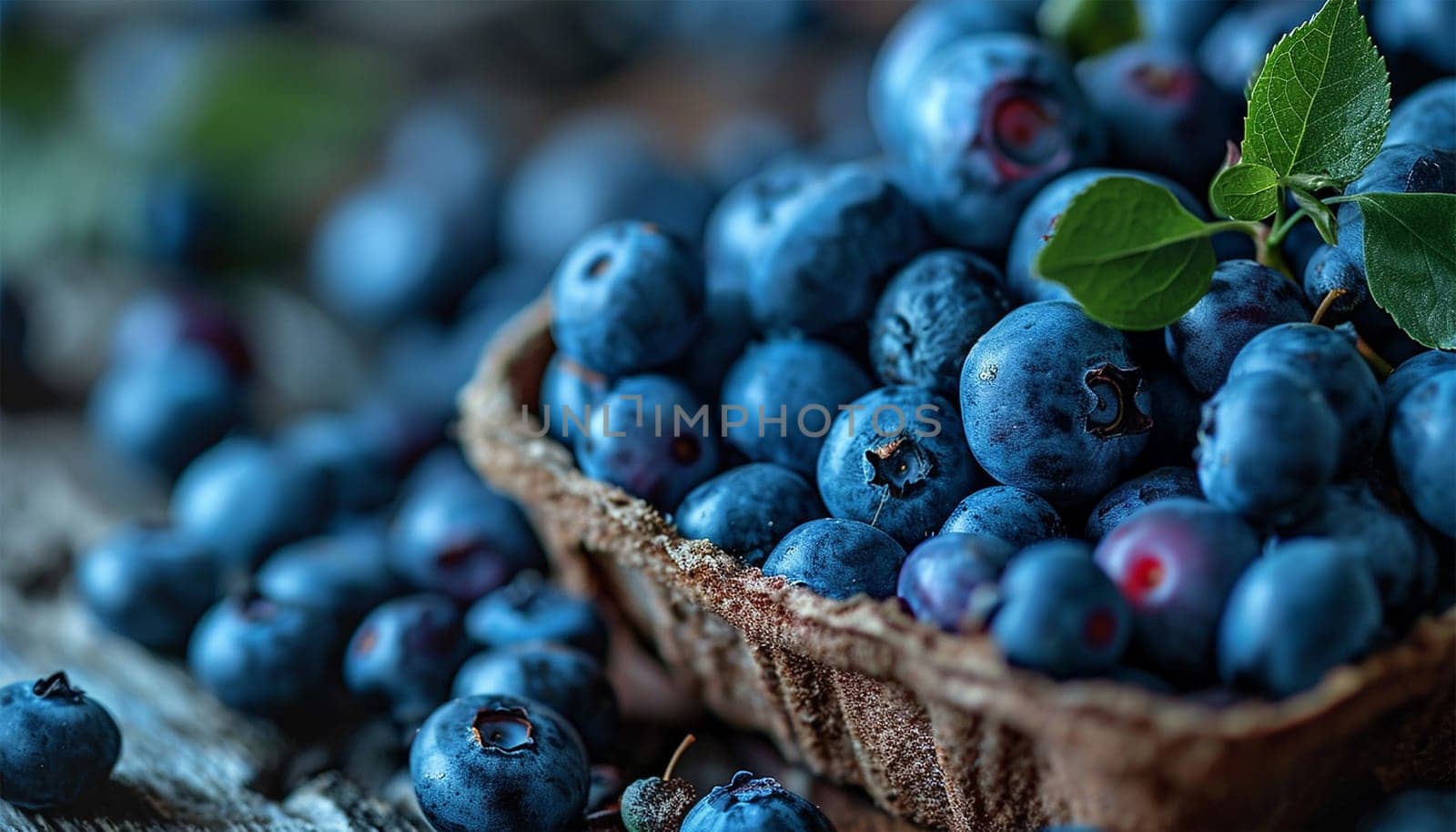 Freshly picked blueberries in blue bowl. Juicy and fresh blueberries with green leaves on rustic table. Bilberry on wooden Background. Blueberry antioxidant. Concept for healthy eating and nutrition Copy space