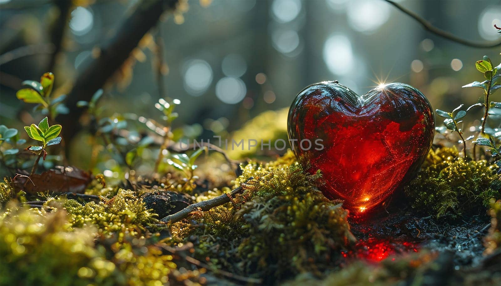 A heart untouched nature a concept illustrating the issues of nature conservation, bio-products and the protection of forests and woodlands in general. 3d rendering. Copy space Beautiful nature forest life lights