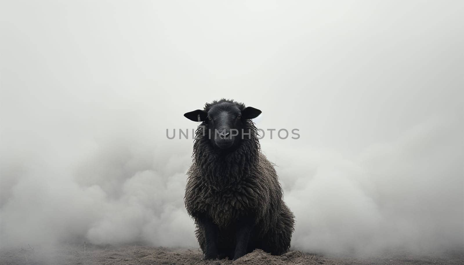 Lonely black sheep. Standing out of the crowd. Dare to be different concept. A black sheep among the herd of white sheep. Black sheep of the family concept design close up concept for being left out