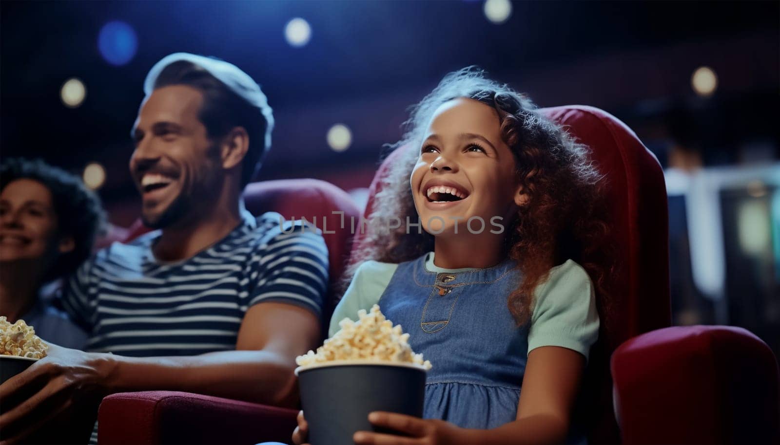 African American family in movie theater. A happy multi-ethnic family is in the movie theater watching a movie on and enjoying drinks and popcorn and having fun. Love,happy and Laughing colorful