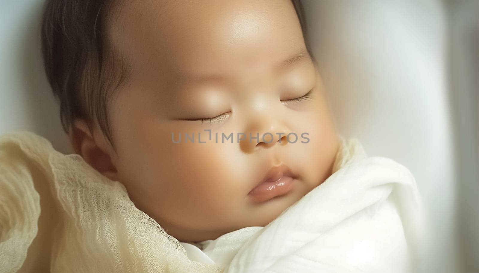 Newborn Asian baby sleeping. Top view happy newborn baby lying sleeps on a white blanket comfortable and safety at warmth place. Cute Asian newborn sleeping and napping on bed. Newborn Baby Care concept Chinese portrait close up