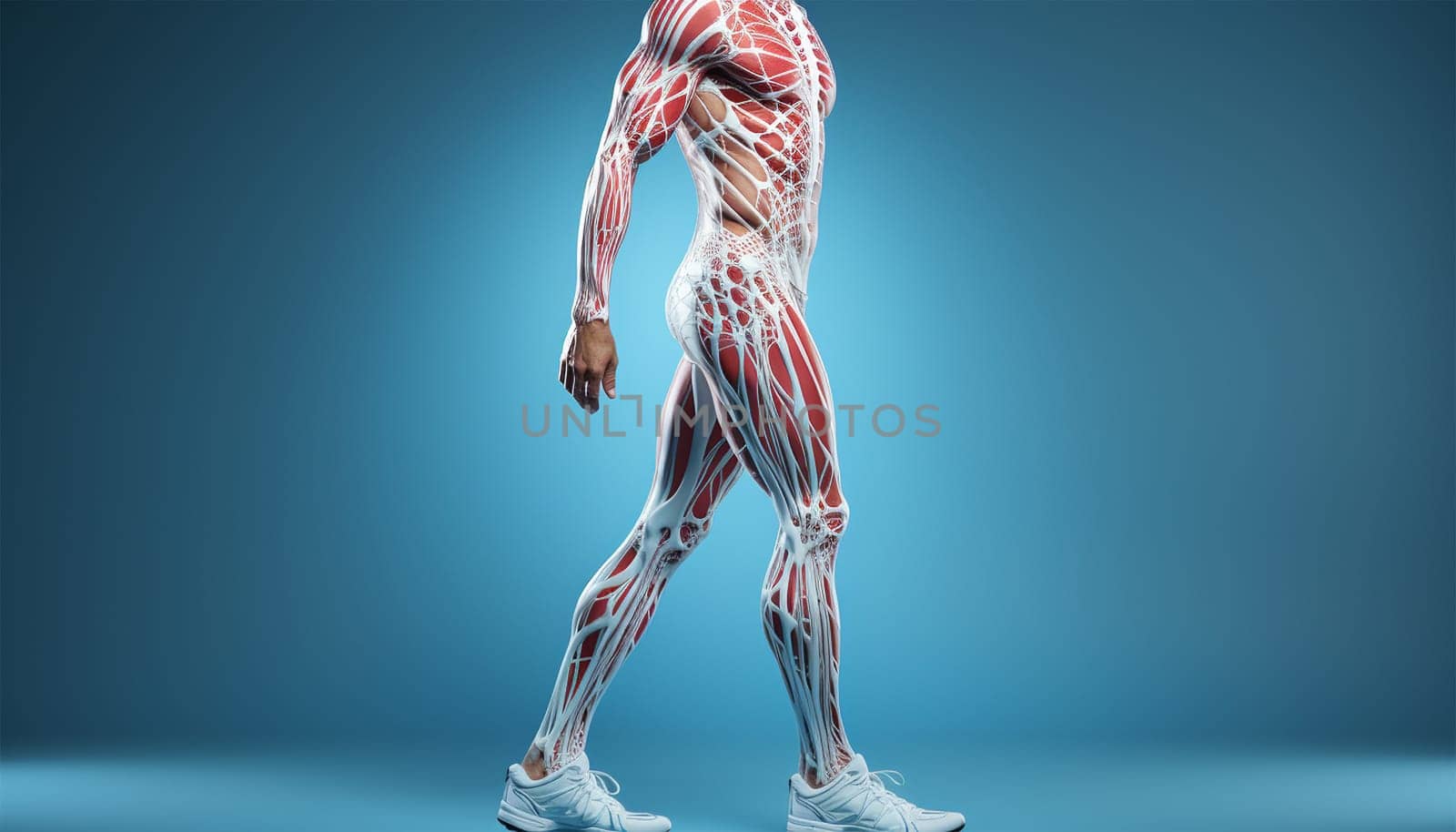 Anatomical Human head and shoulders. Demonstrating the muscles and ligaments of a human being. Image is on blue background. Mannequin anatomy internal organs, x ray,model for medical healthcare 3D Copy space