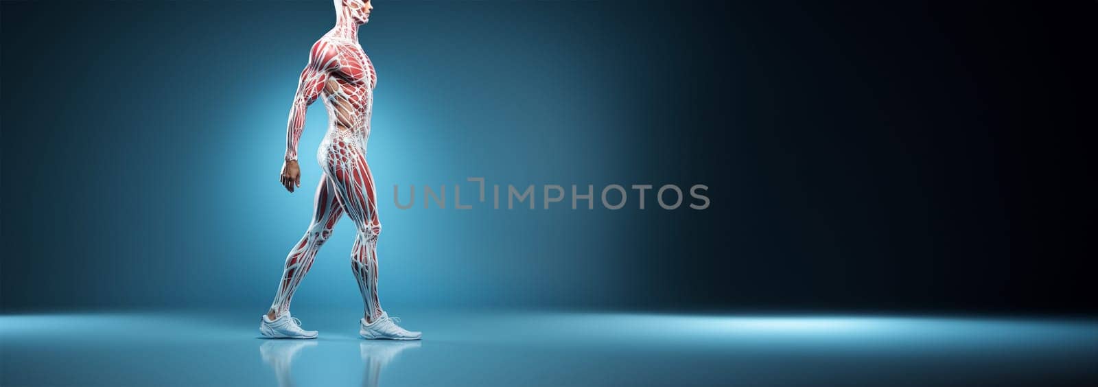 Anatomical Human head and shoulders. Demonstrating the muscles and ligaments of a human being. Image is on blue background. Mannequin anatomy internal organs, x ray,model for medical healthcare 3D Copy space