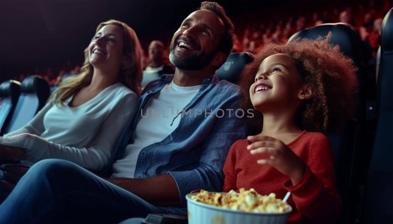 African American family in movie theater. A happy multi-ethnic family is in the movie theater watching a movie on and enjoying drinks and popcorn and having fun. Love,happy and Laughing colorful