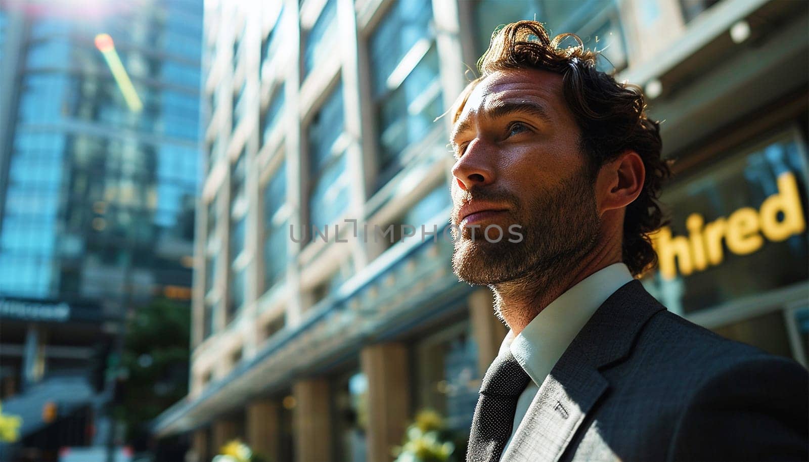 successful businessman has been hired for new job. Sign with hired. Smiling confident businessman successful in the city. business partners making successful investment deal, agreement, salesman work