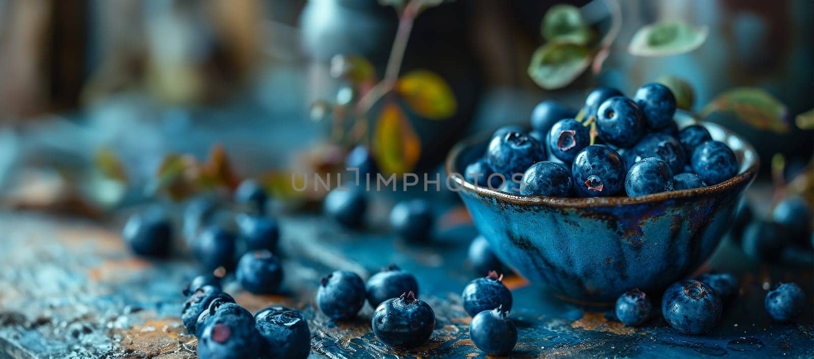 Freshly picked blueberries in blue bowl. Juicy and fresh blueberries with green leaves on rustic table. Bilberry on wooden Background. Blueberry antioxidant. Concept for healthy eating and nutrition Copy space