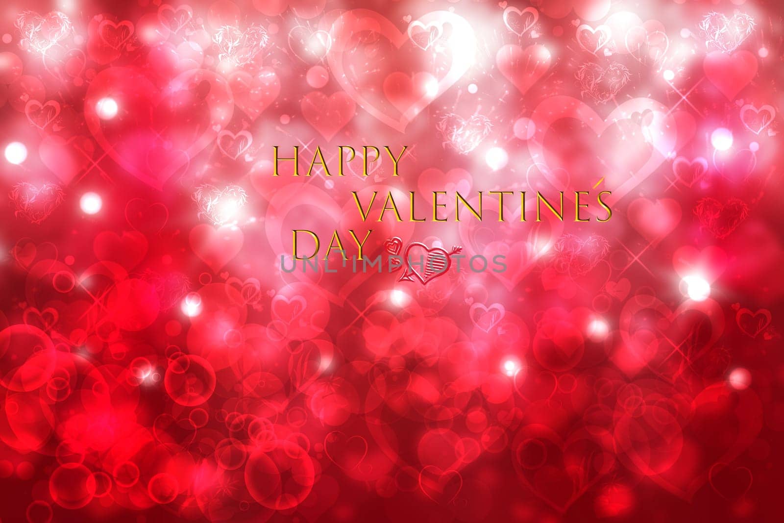 Happy valentines day card. Abstract festive composition of love bokeh red and white hearts background texture with Valentine day text. Present, banner or poster design.