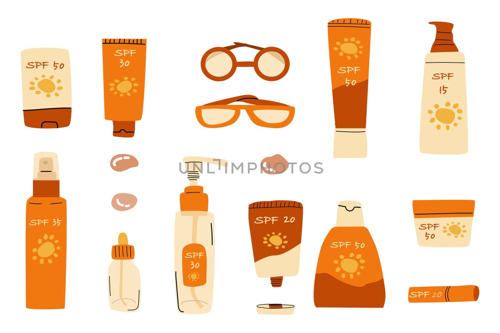 big set of cosmetics for sun protection with supplies - eyeglasses. . Vector illustration in flat style in orange colors.