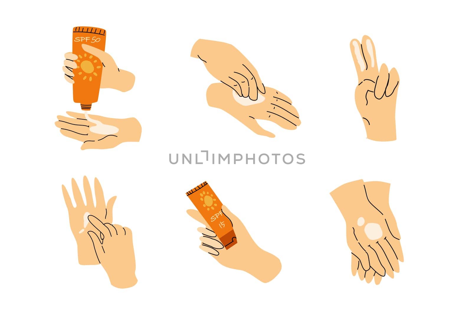 set of cosmetics on hand for sun protection in flat style. Vector illustration isolated, Set included different hands, top view.