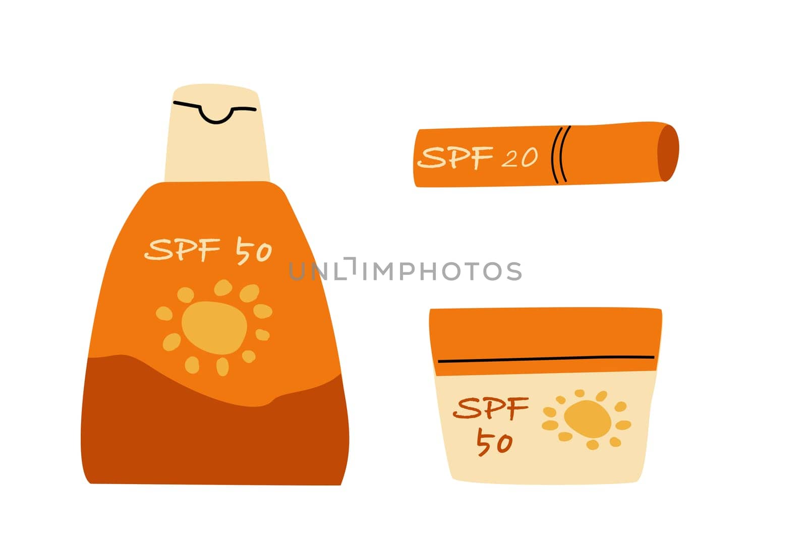 set of cosmetics with spf 50 and spf20. Vector illustration isolated. Cream, lotion and lipstick.