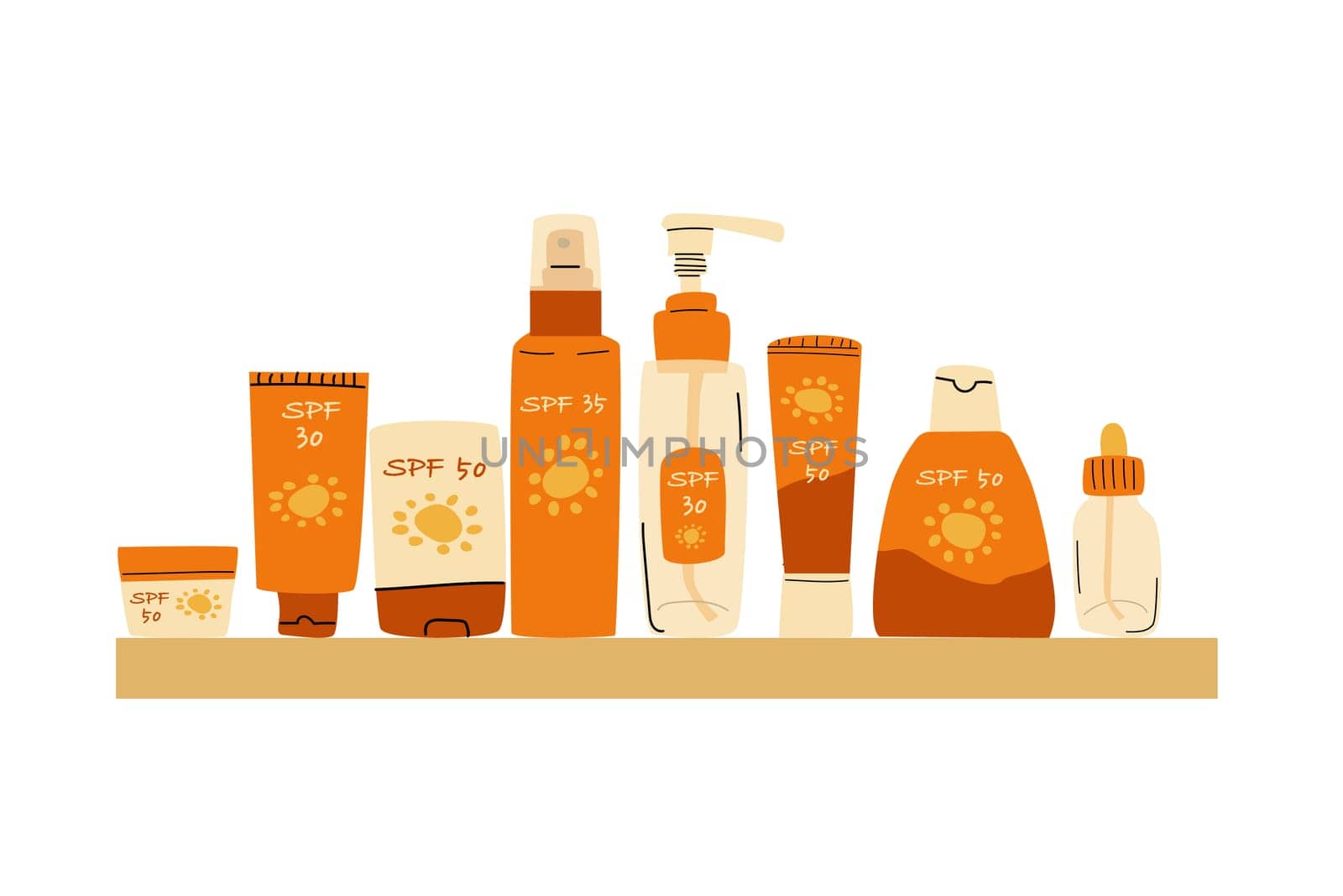 set of cosmetics for sun protection and sunburn on the shelf. Vector illustration isolated, Set included cream, spray, stick, lotion, serum, stick.