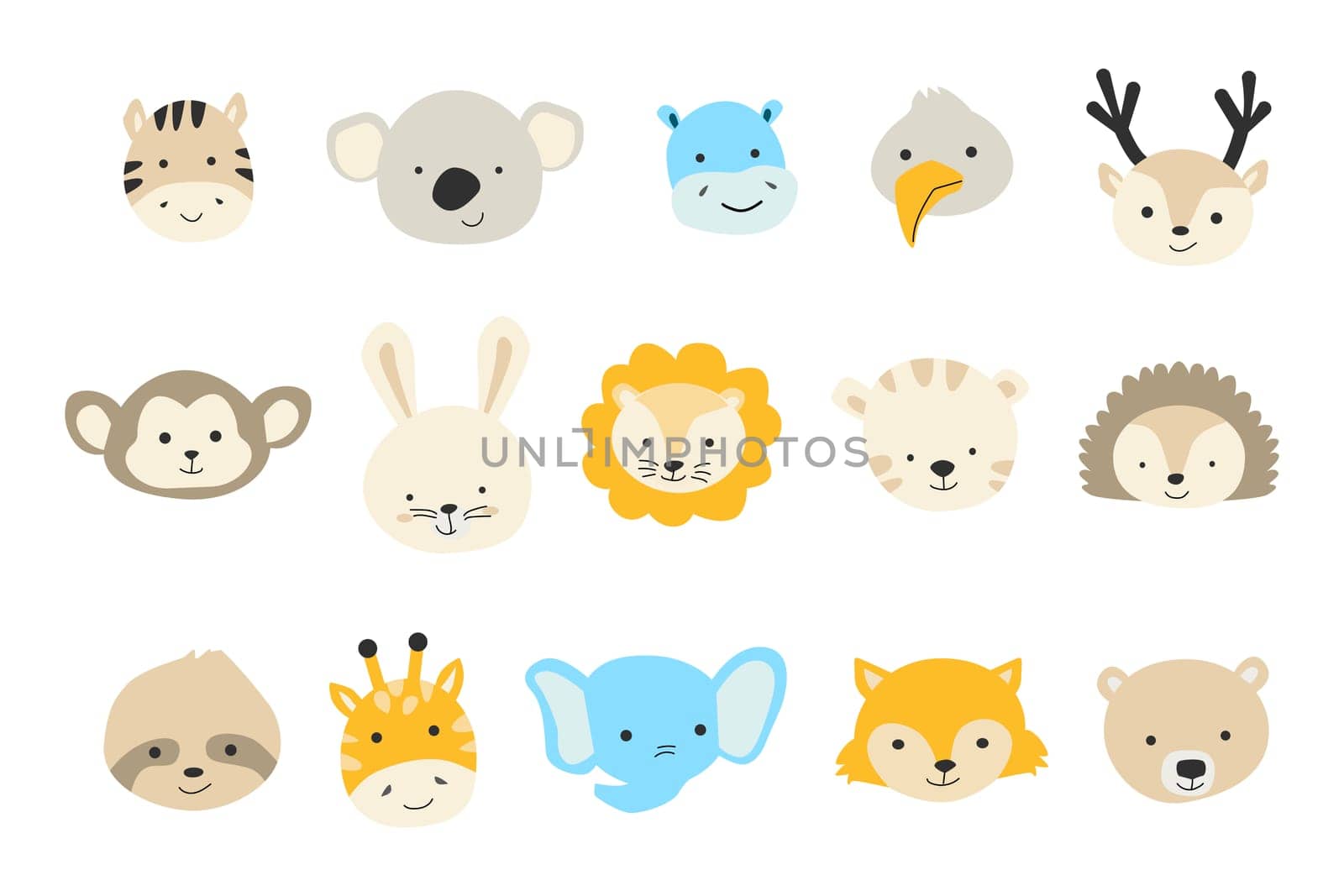 Big set of animal head, portraits with cute face. Vector illustration can used for nursery design, textile, poster, pattern and wrapping paper. Cute jungle, forest woodland baby animals.