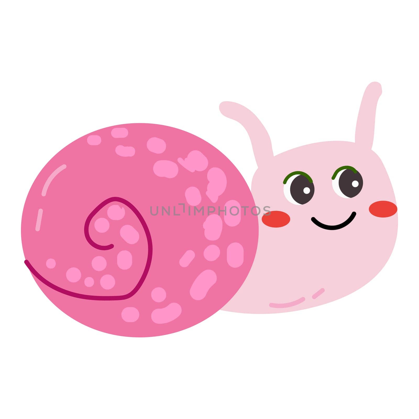Cute cartoon snail - baby animal character in pink color. Vector illustration isolated. Pink snail vector can used for childish textile, poster, t shirt design.