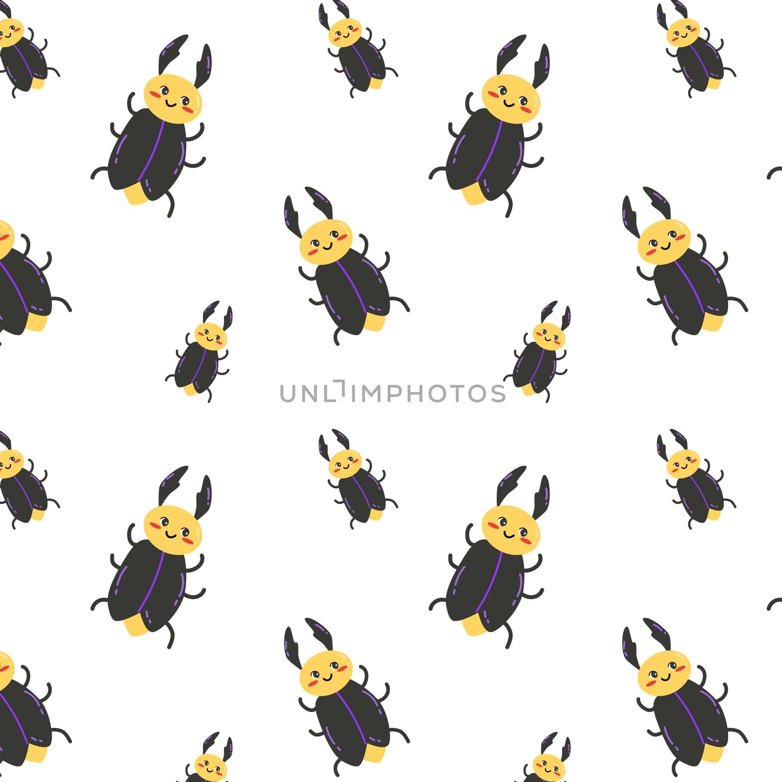 Seamless pattern of spring may beetle. Childish cartoon character seamless backdrop. Cute baby animal background.