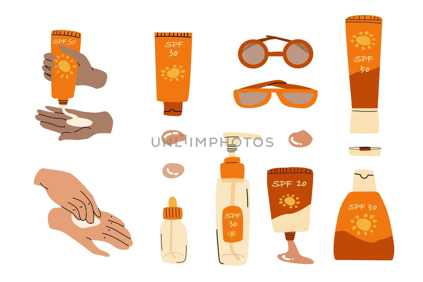 set of cosmetic products spf and hands with dark skin. Vector illustration isolated, Set included cream, serum, spray, eyeglasses, lotion.