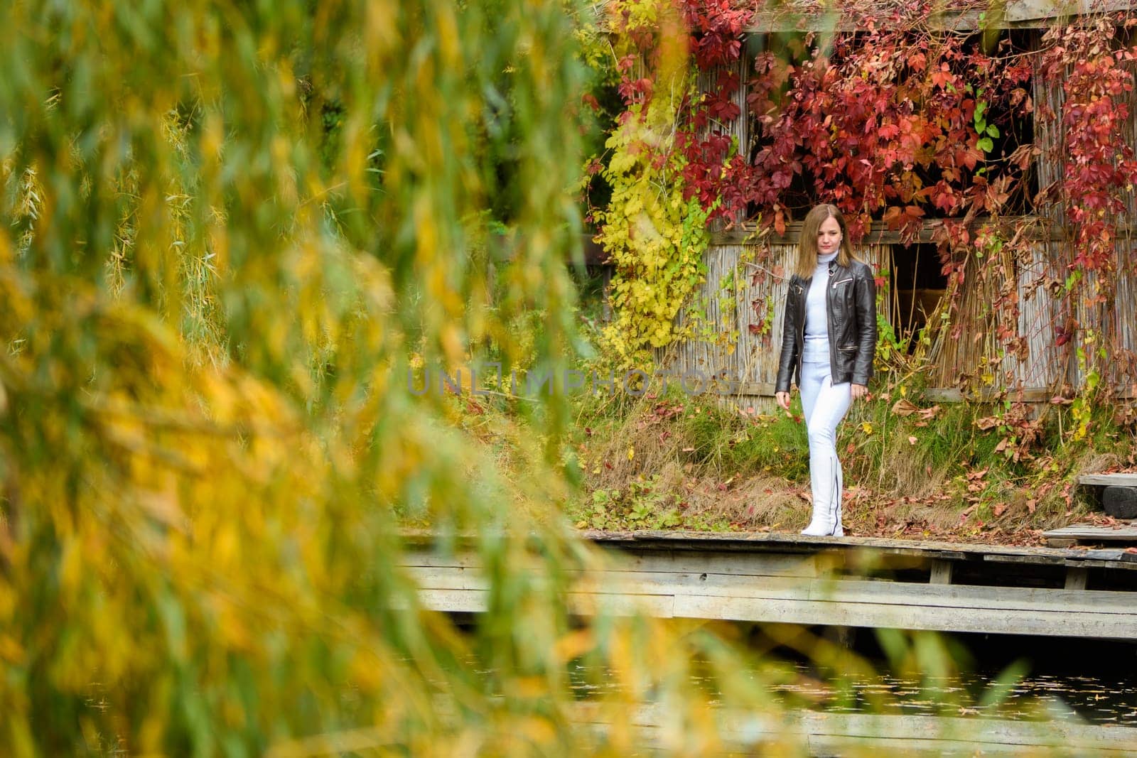 A young beautiful girl walks through an old autumn park