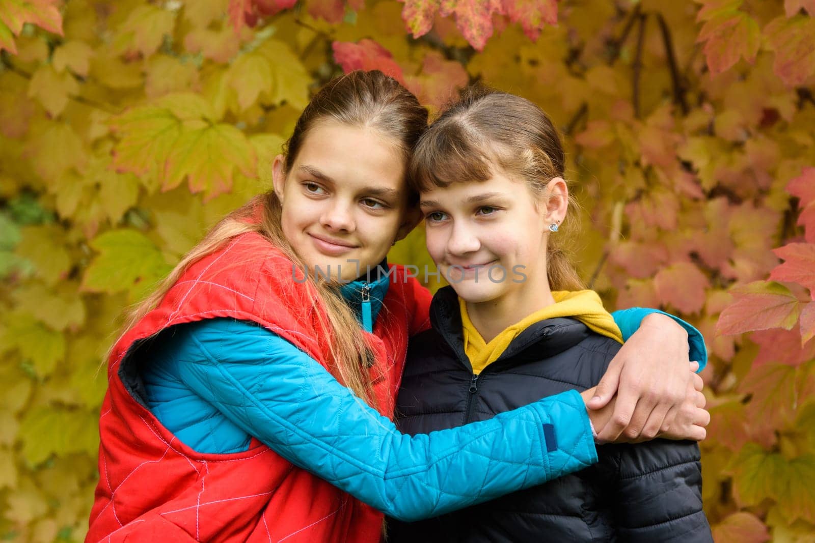 Close-up portrait of two girls of Slavic appearance in casual autumn clothes against the backdrop of an autumn forest, children looking to the left