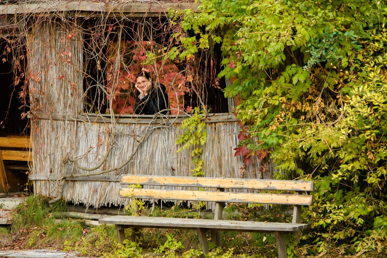 A young beautiful girl looks out of the window of an old abandoned house in the forest overgrown with plants.