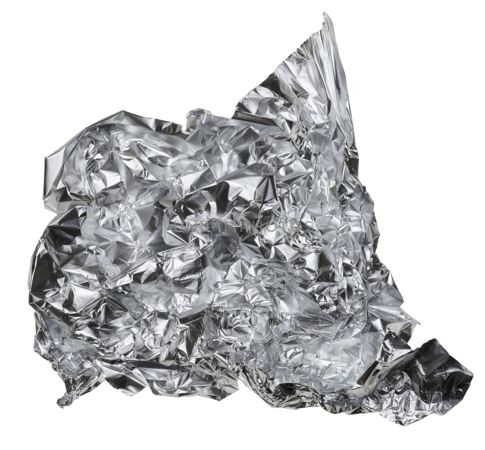 Crumpled piece of gray foil on a white isolated background, close up