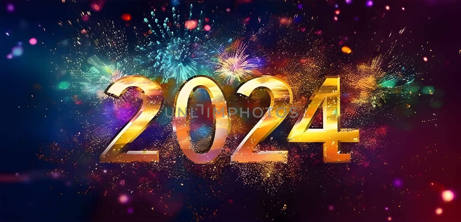 Card, illustration, graphic with a firework shot and with the inscription 2024 to celebrate the new year. A time of festivities and resolutions.