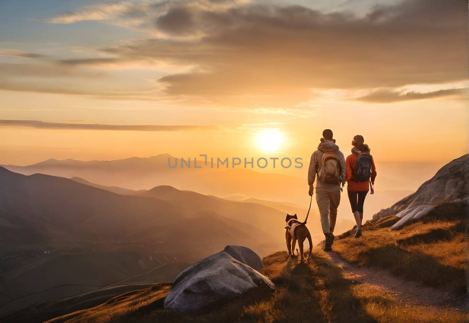 Couple hiking in the sunset