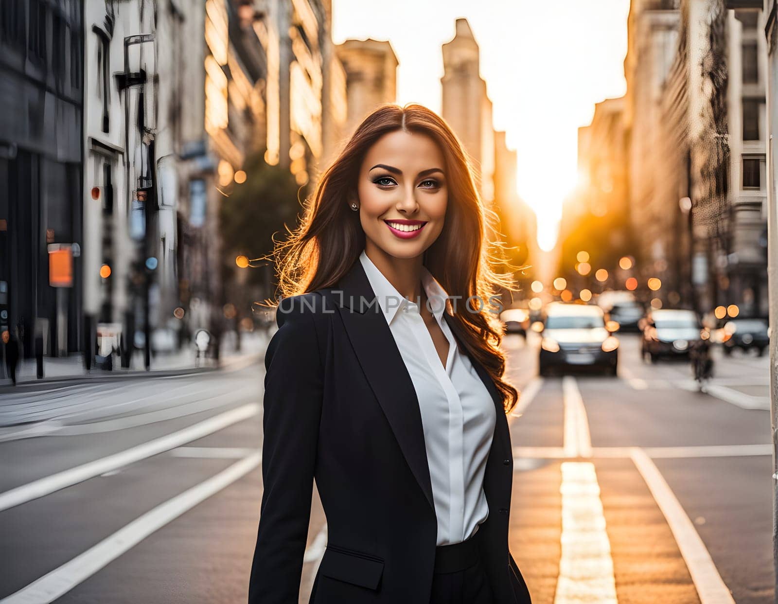 Pretty business woman in city in sunset