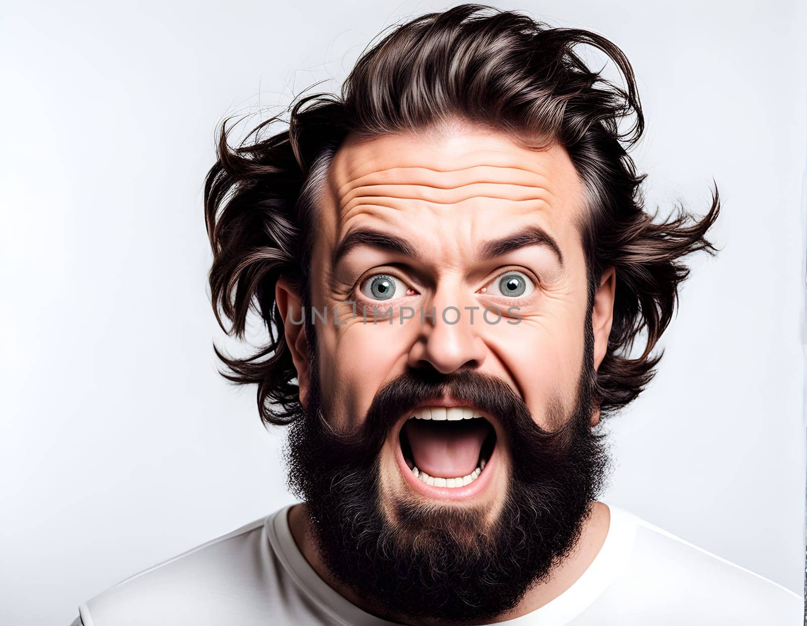 Crazy funny bearded man closeup