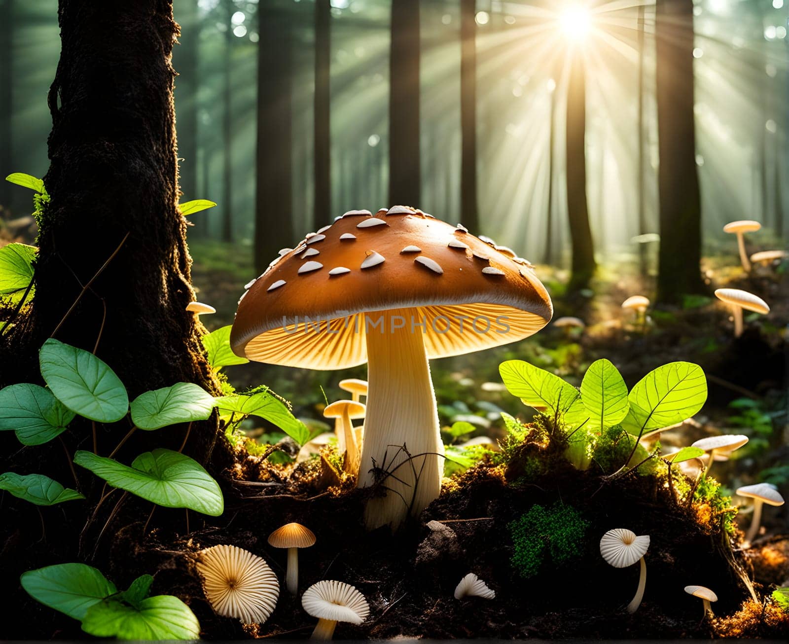 Growing mushrooms closeup in forest