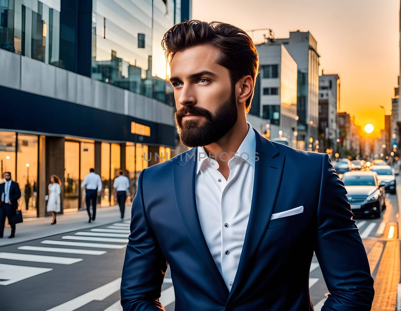 Bearded handsome businessman in city