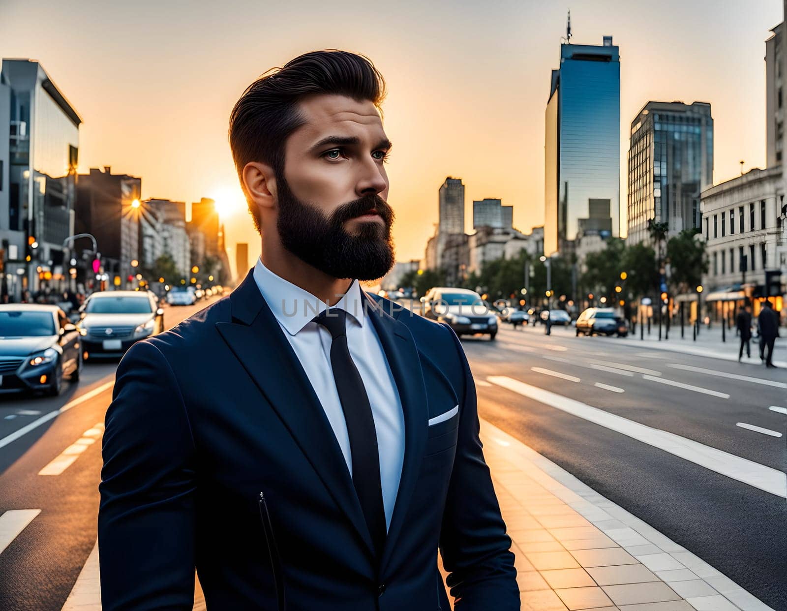 Bearded handsome businessman in city