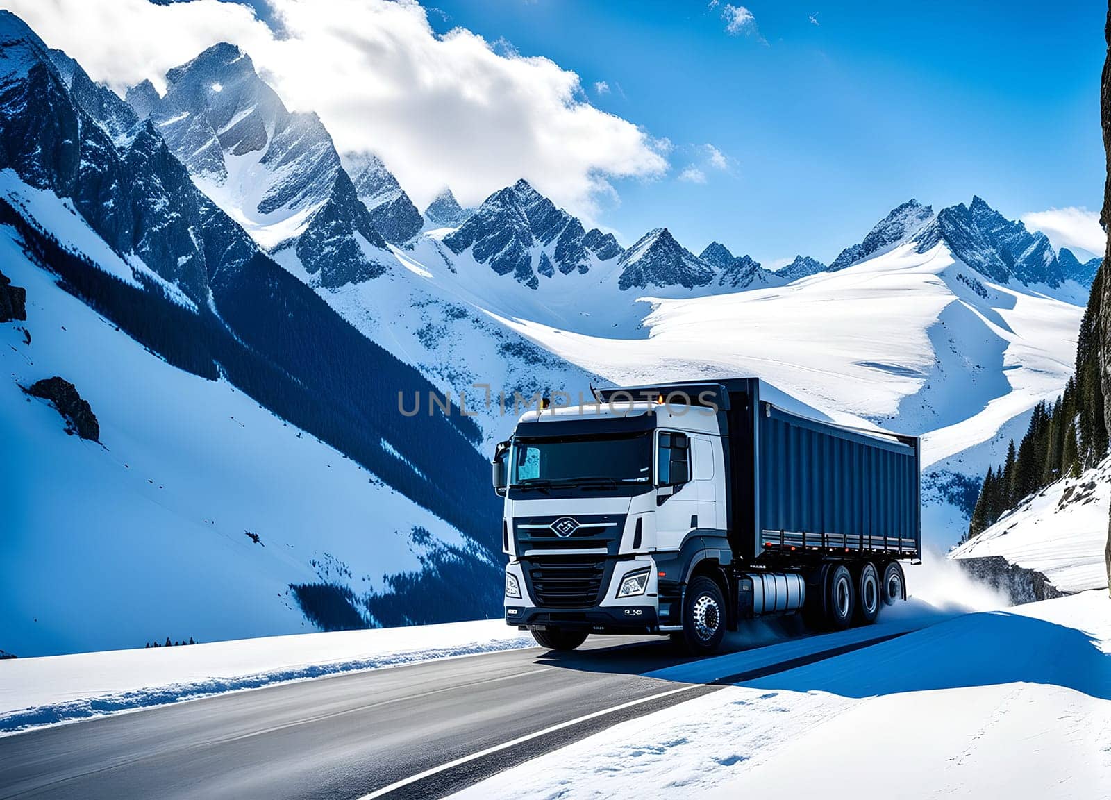 Truck drives through the snowy mountains